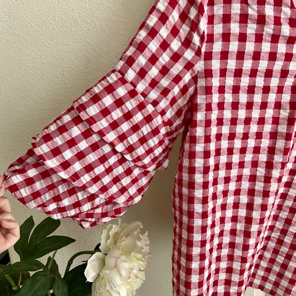 Gingham Ruffle Sleeve Open Back Top Red + White M - Picture 4 of 7